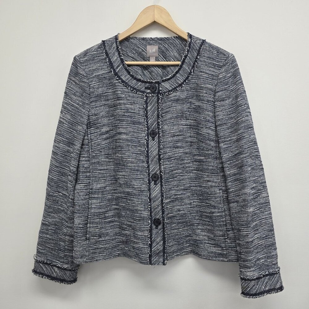 J Jill Blazer Cardigan Jacket Size L Office Pockets Buttons Raw Edge Hem Blue